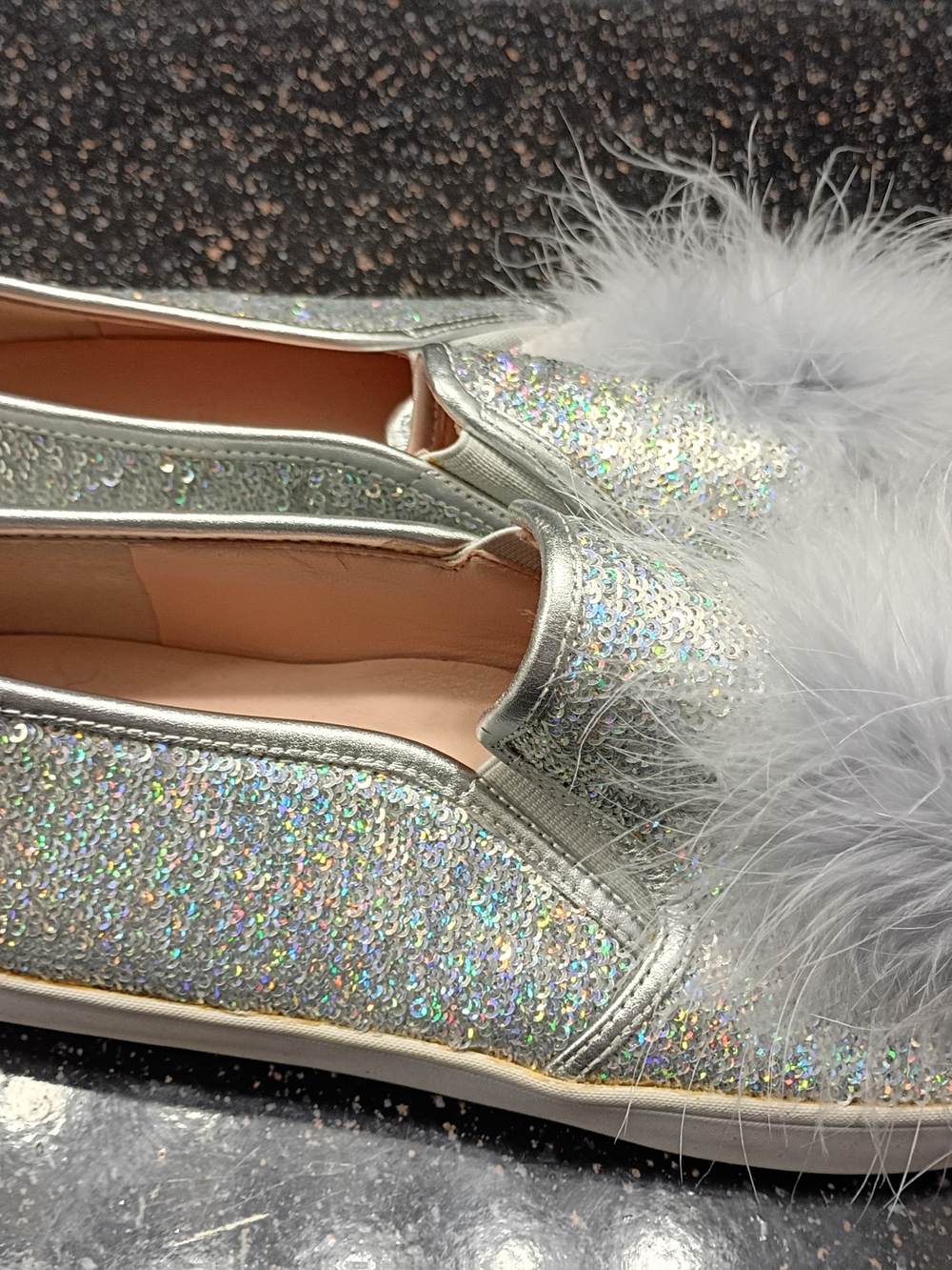 kate spade Silver Sequin Loafers with Feather Trim